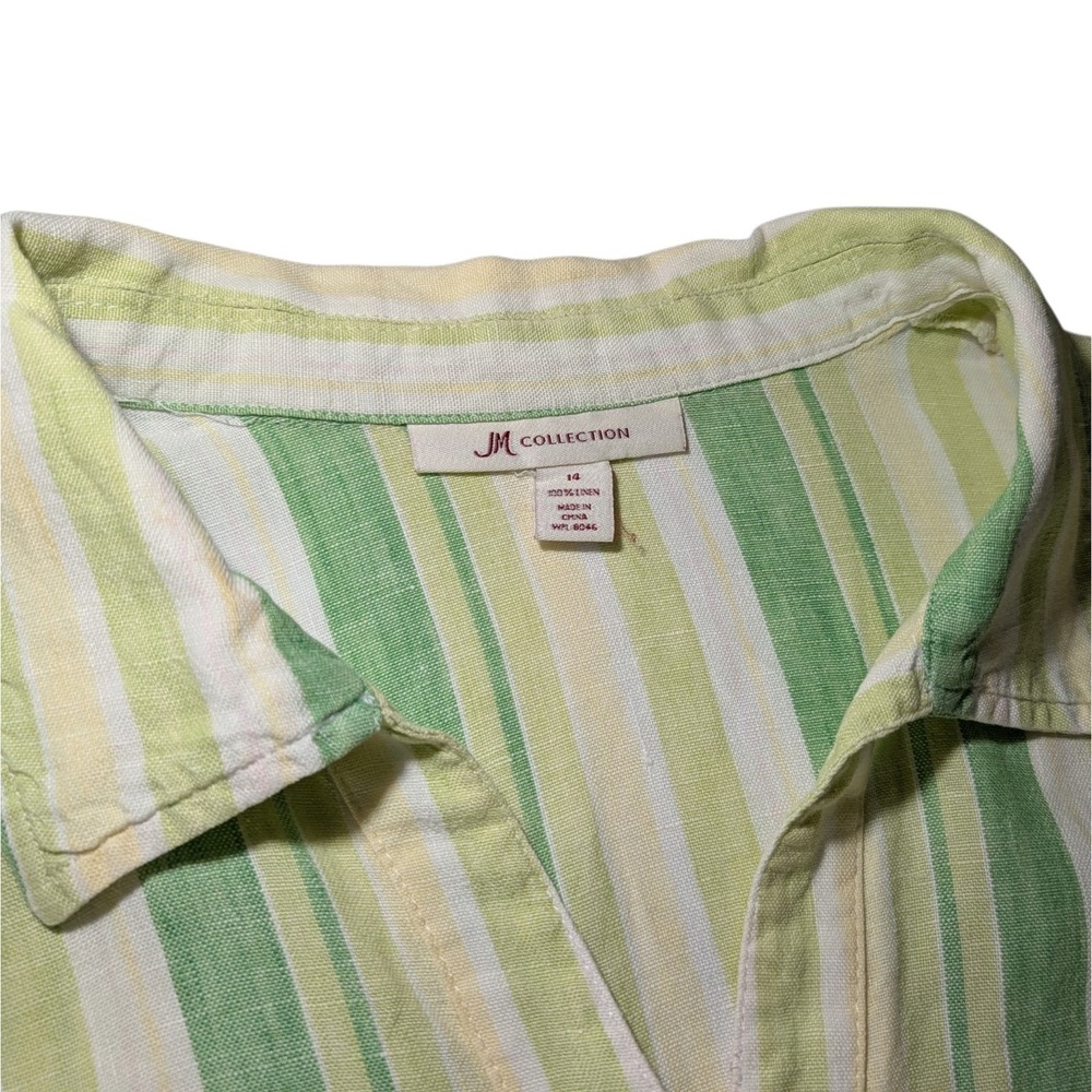 JM Collection Linen Blouse Shirt Green Striped Button Up Beach Womens Fourteen
